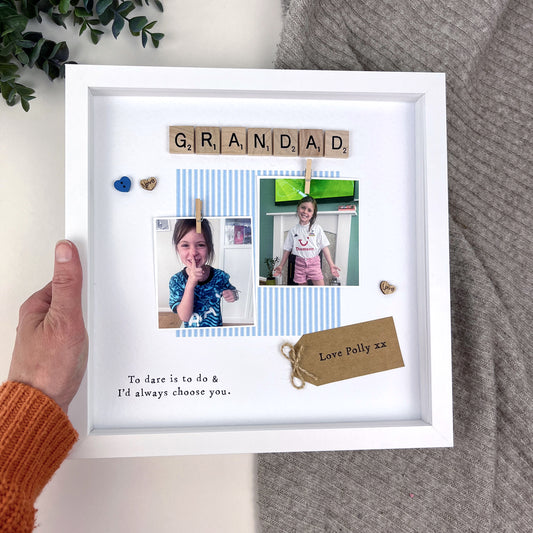 Personalised Tottenham Hotspur Grandad photo frame gift for Father’s Day or birthday, with navy and white design, two photo spaces, wooden scrabble tiles spelling “GRANDAD,” and message “To dare is to do & I’d always choose you.” Handmade keepsake for Spurs-loving Grandads from a football-mad grandchild.