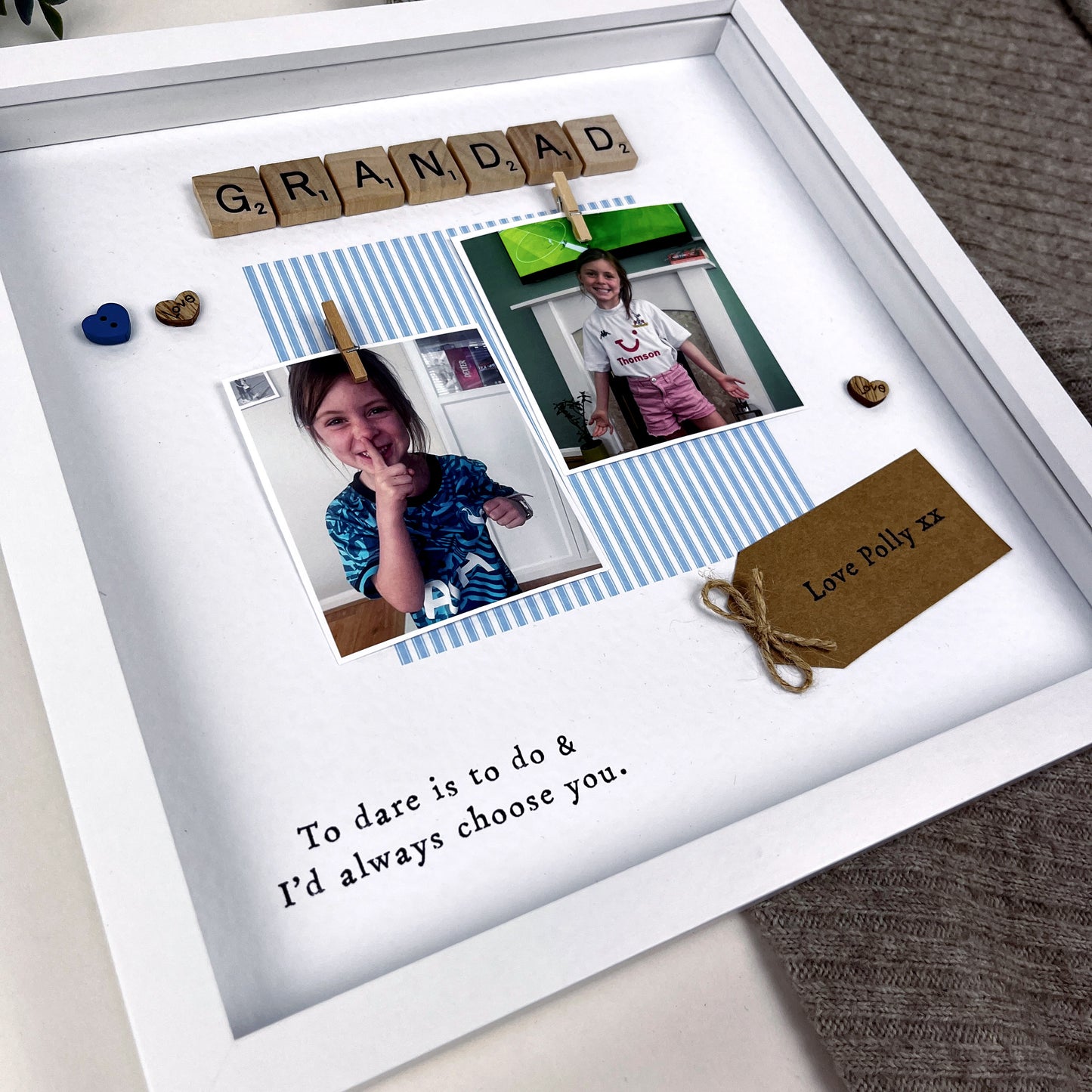 Personalised Tottenham Hotspur Grandad photo frame gift for Father’s Day or birthday, with navy and white design, two photo spaces, wooden scrabble tiles spelling “GRANDAD,” and message “To dare is to do & I’d always choose you.” Handmade keepsake for Spurs-loving Grandads from a football-mad grandchild.