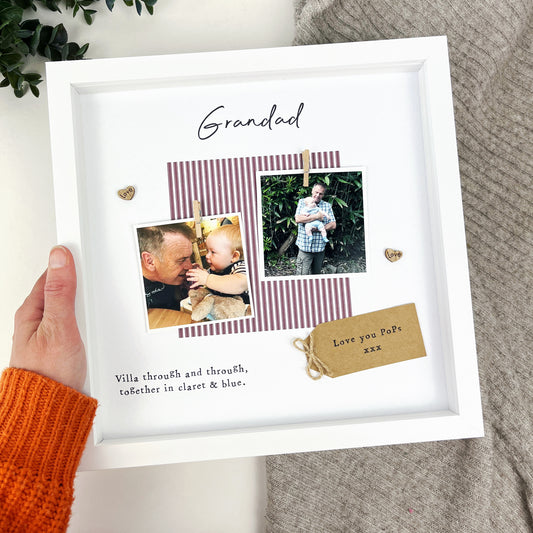 Personalised Aston Villa Grandad photo frame for Father’s Day, featuring claret and blue colours, two photo spaces, scrabble-style GRANDAD tiles, and message “Villa through and through, together in claret & blue.” Upload photos when ordering. Ideal football gift for Villa-supporting grandads.