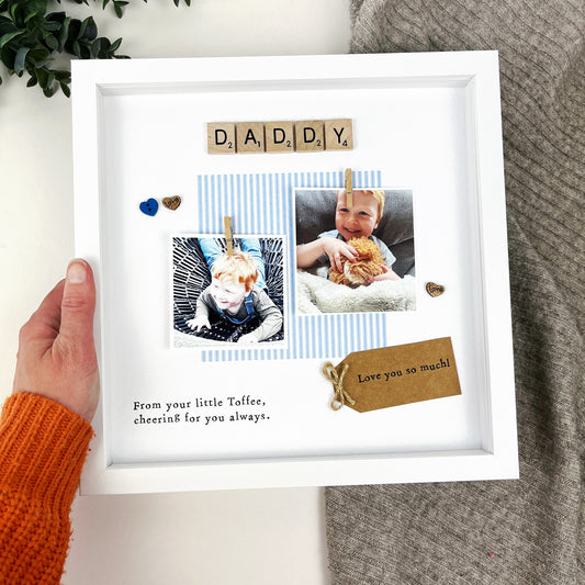 Everton Daddy photo frame gift for Father’s Day, personalised with blue and white colours, two photo slots, message “From your little Toffee, cheering for you always,” and kraft tag. Handmade keepsake for Everton football fan dads. Upload your own photos when ordering.