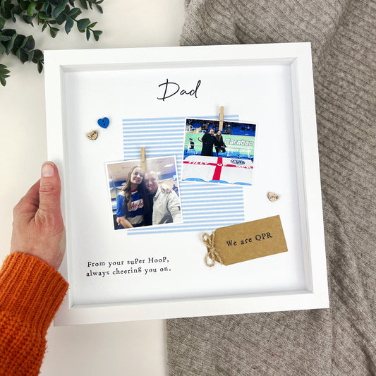 QPR Dad photo frame gift for Father’s Day, with blue and white colours, two photo slots, message “From your suPer HooP, always cheering you on,” and kraft tag. Handmade personalised keepsake for QPR fan dads. Add your own photos when ordering.