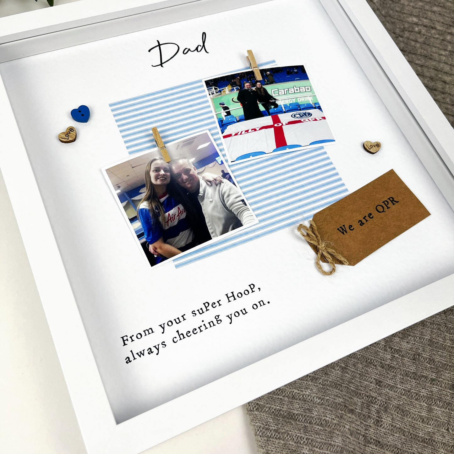 QPR Dad photo frame gift for Father’s Day, with blue and white colours, two photo slots, message “From your suPer HooP, always cheering you on,” and kraft tag. Handmade personalised keepsake for QPR fan dads. Add your own photos when ordering.