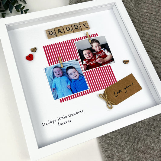 Personalised Arsenal Daddy photo frame gift for Father’s Day, featuring red and white colours, two photo slots, mini pegs, scrabble-style “DADDY” tiles, and message “Daddys little Gunners forever.” Handmade keepsake for football fan dads and Arsenal supporters. Perfect gift from baby or child for a proud Gooner.