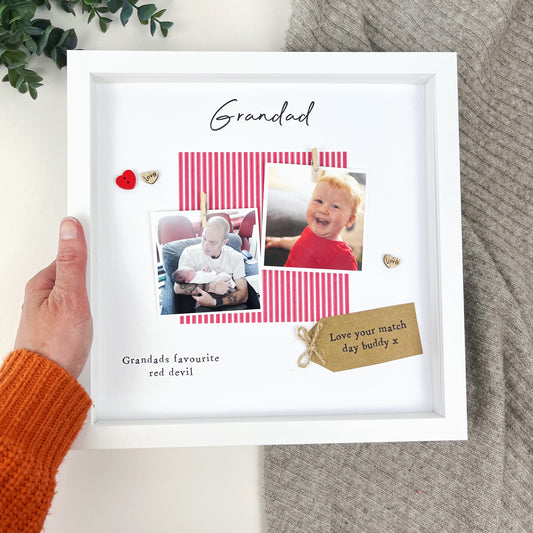 Personalised Man United Grandad photo frame for Father’s Day, featuring red and white design, two photo slots, scrabble-style GRANDAD tiles, and message “Grandads favourite red devil.” Ideal keepsake from grandchild for Manchester United fan. Upload your photos at checkout.