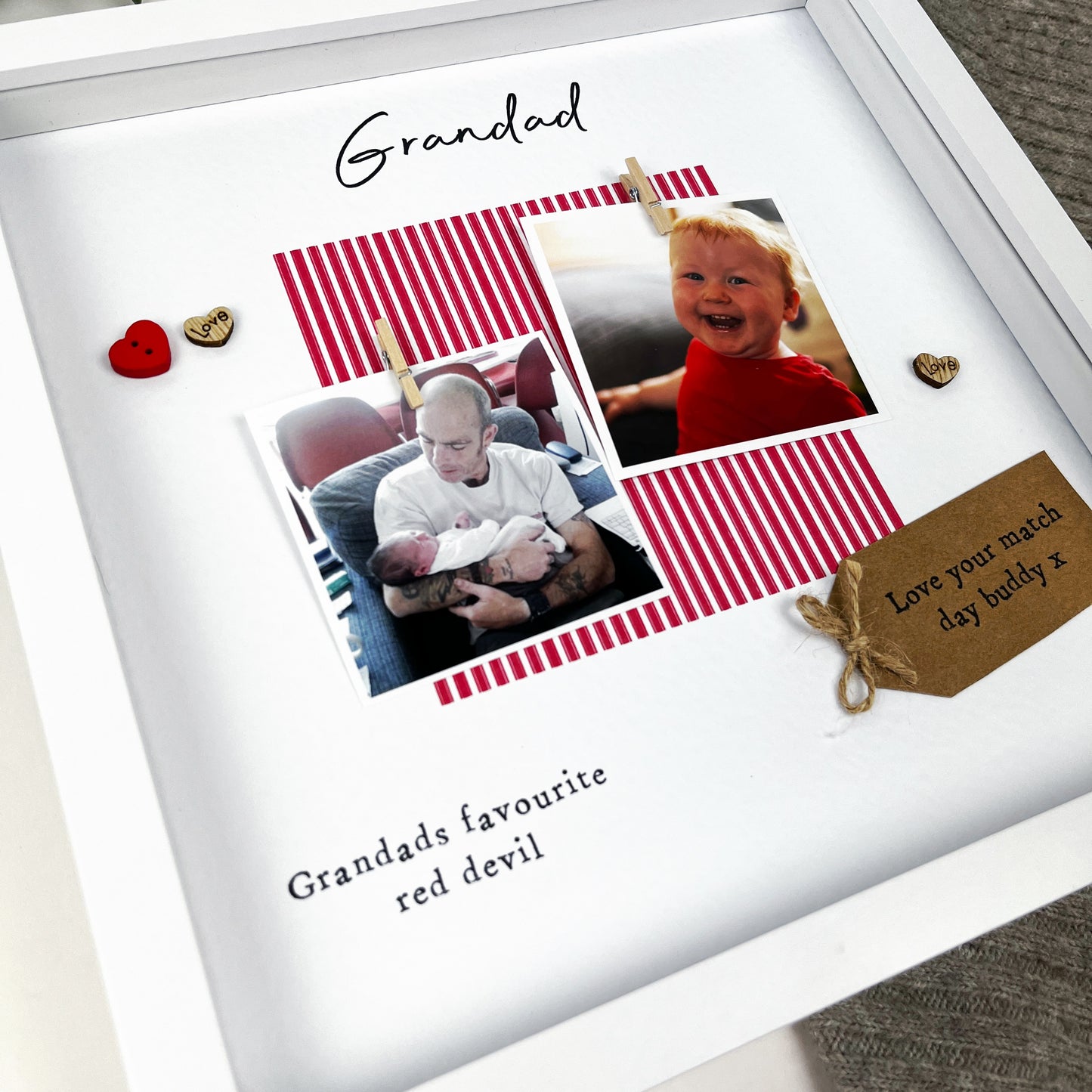 Personalised Man United Grandad photo frame for Father’s Day, featuring red and white design, two photo slots, scrabble-style GRANDAD tiles, and message “Grandads favourite red devil.” Ideal keepsake from grandchild for Manchester United fan. Upload your photos at checkout.