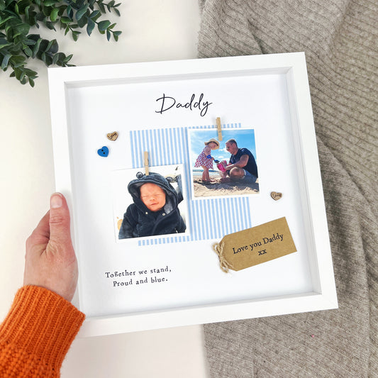 Chelsea Daddy photo frame gift for Father’s Day, with pale blue striped design, message “Together we stand, Proud and blue,” scrabble-style DADDY tiles, and kraft tag. Personalised keepsake for Chelsea FC fan dads. Upload two photos at checkout.