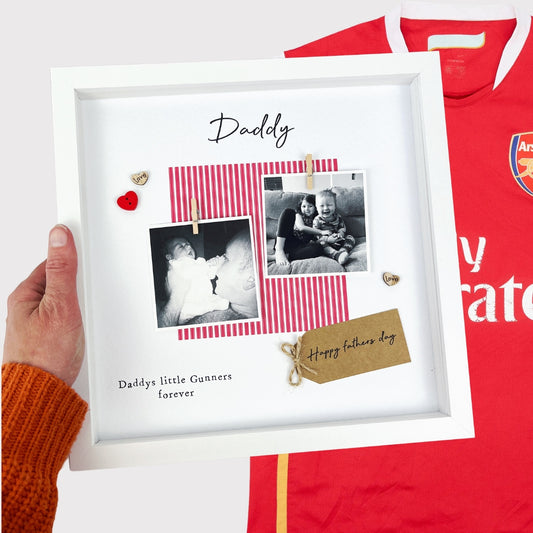 Personalised Arsenal Daddy photo frame gift for Father’s Day, featuring red and white colours, two photo slots, mini pegs, scrabble-style “DADDY” tiles, and message “Daddys little Gunners forever.” Handmade keepsake for football fan dads and Arsenal supporters. Perfect gift from baby or child for a proud Gooner.