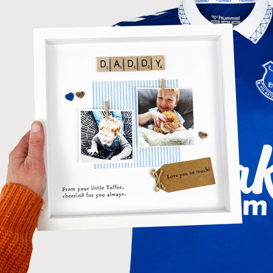 Everton Daddy photo frame gift for Father’s Day, personalised with blue and white colours, two photo slots, message “From your little Toffee, cheering for you always,” and kraft tag. Handmade keepsake for Everton football fan dads. Upload your own photos when ordering.