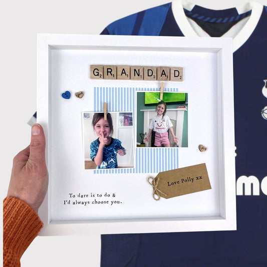 Personalised Tottenham Hotspur Grandad photo frame gift for Father’s Day or birthday, with navy and white design, two photo spaces, wooden scrabble tiles spelling “GRANDAD,” and message “To dare is to do & I’d always choose you.” Handmade keepsake for Spurs-loving Grandads from a football-mad grandchild.