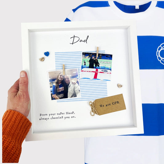 QPR Dad photo frame gift for Father’s Day, with blue and white colours, two photo slots, message “From your suPer HooP, always cheering you on,” and kraft tag. Handmade personalised keepsake for QPR fan dads. Add your own photos when ordering.