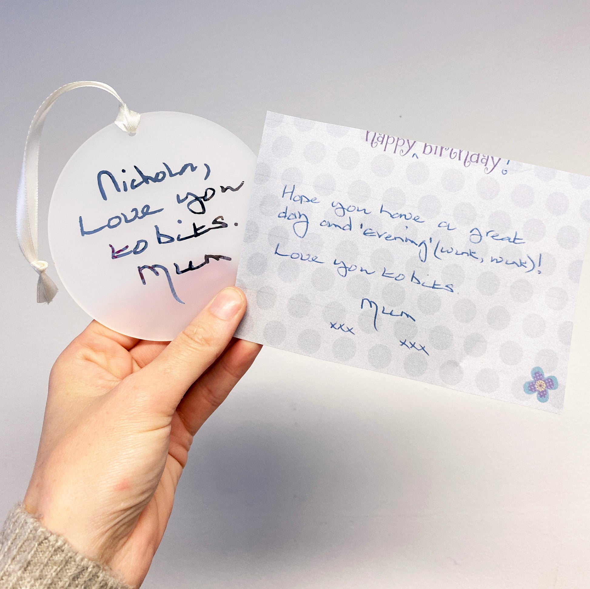in memory Christmas bauble with handwritten message