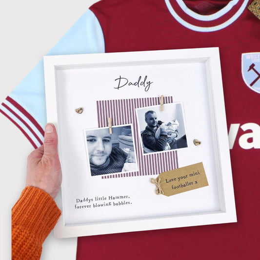 Personalised West Ham Daddy photo frame gift for Father’s Day, with claret and blue colours, two photo slots, scrabble-style DADDY tiles, and message “Daddys little Hammer, forever blowing bubbles.” Handmade keepsake for football fan dads. Upload your own photos to personalise.