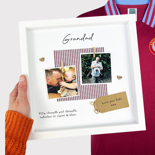 Personalised Aston Villa Grandad photo frame for Father’s Day, featuring claret and blue colours, two photo spaces, scrabble-style GRANDAD tiles, and message “Villa through and through, together in claret & blue.” Upload photos when ordering. Ideal football gift for Villa-supporting grandads.