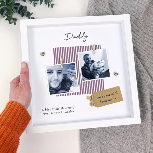 Personalised West Ham Daddy photo frame gift for Father’s Day, with claret and blue colours, two photo slots, scrabble-style DADDY tiles, and message “Daddys little Hammer, forever blowing bubbles.” Handmade keepsake for football fan dads. Upload your own photos to personalise.