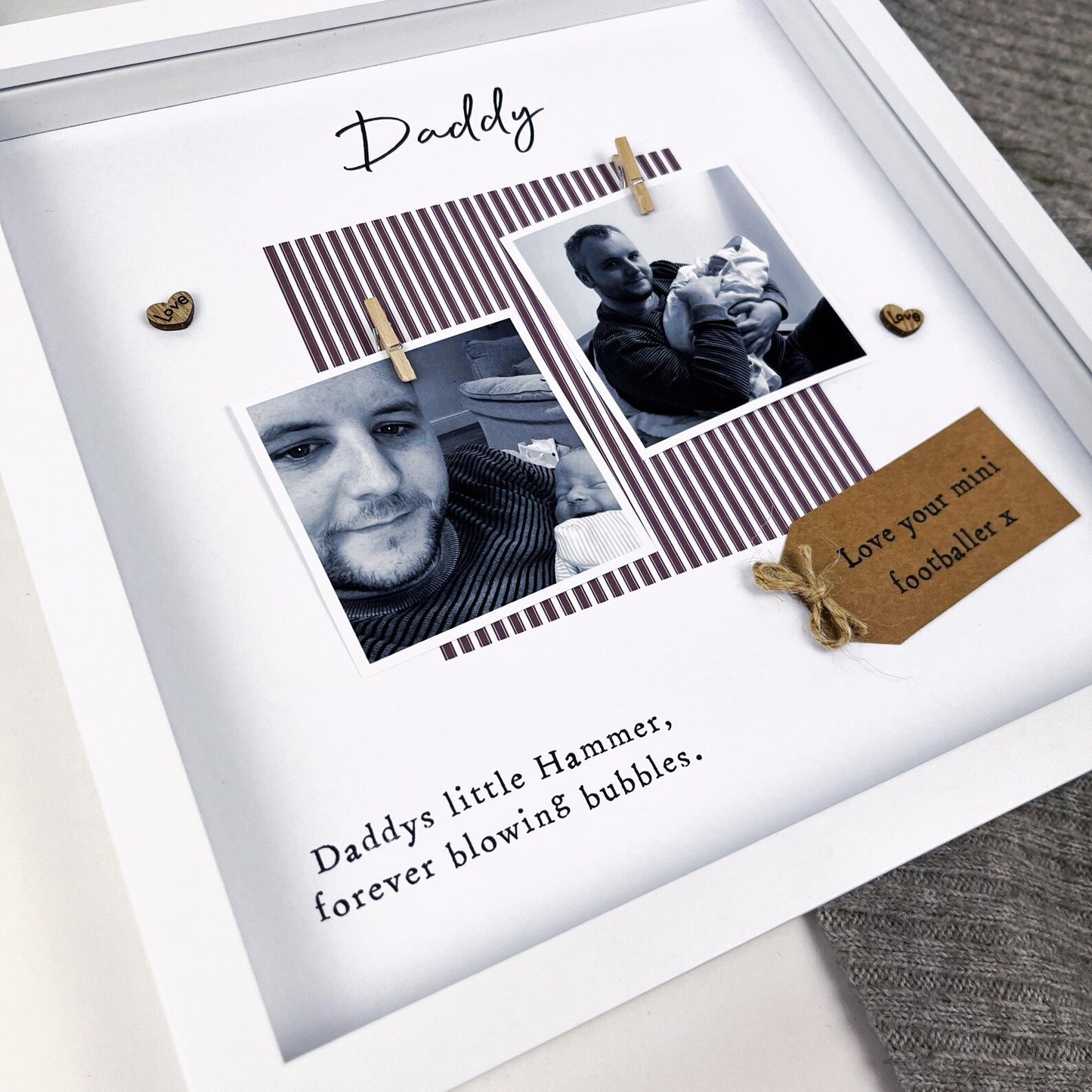 Personalised West Ham Daddy photo frame gift for Father’s Day, with claret and blue colours, two photo slots, scrabble-style DADDY tiles, and message “Daddys little Hammer, forever blowing bubbles.” Handmade keepsake for football fan dads. Upload your own photos to personalise.