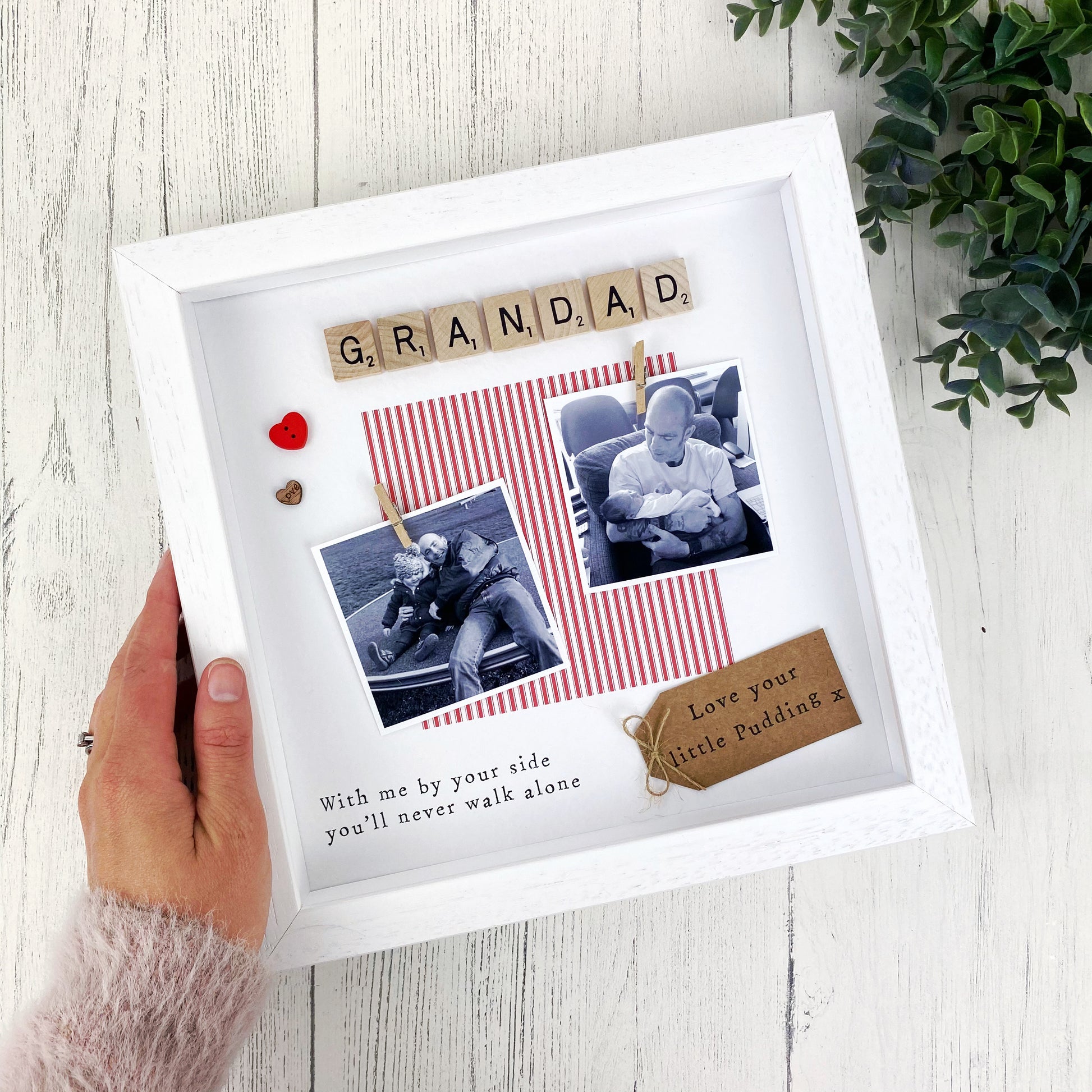 Personalised Liverpool Grandad photo frame gift for Father’s Day, featuring red striped design, message “You’ll never walk alone, Grandad,” scrabble-style GRANDAD tiles, and space for two uploaded photos. Handmade keepsake for Liverpool football fan grandads. Upload your pictures at checkout.
