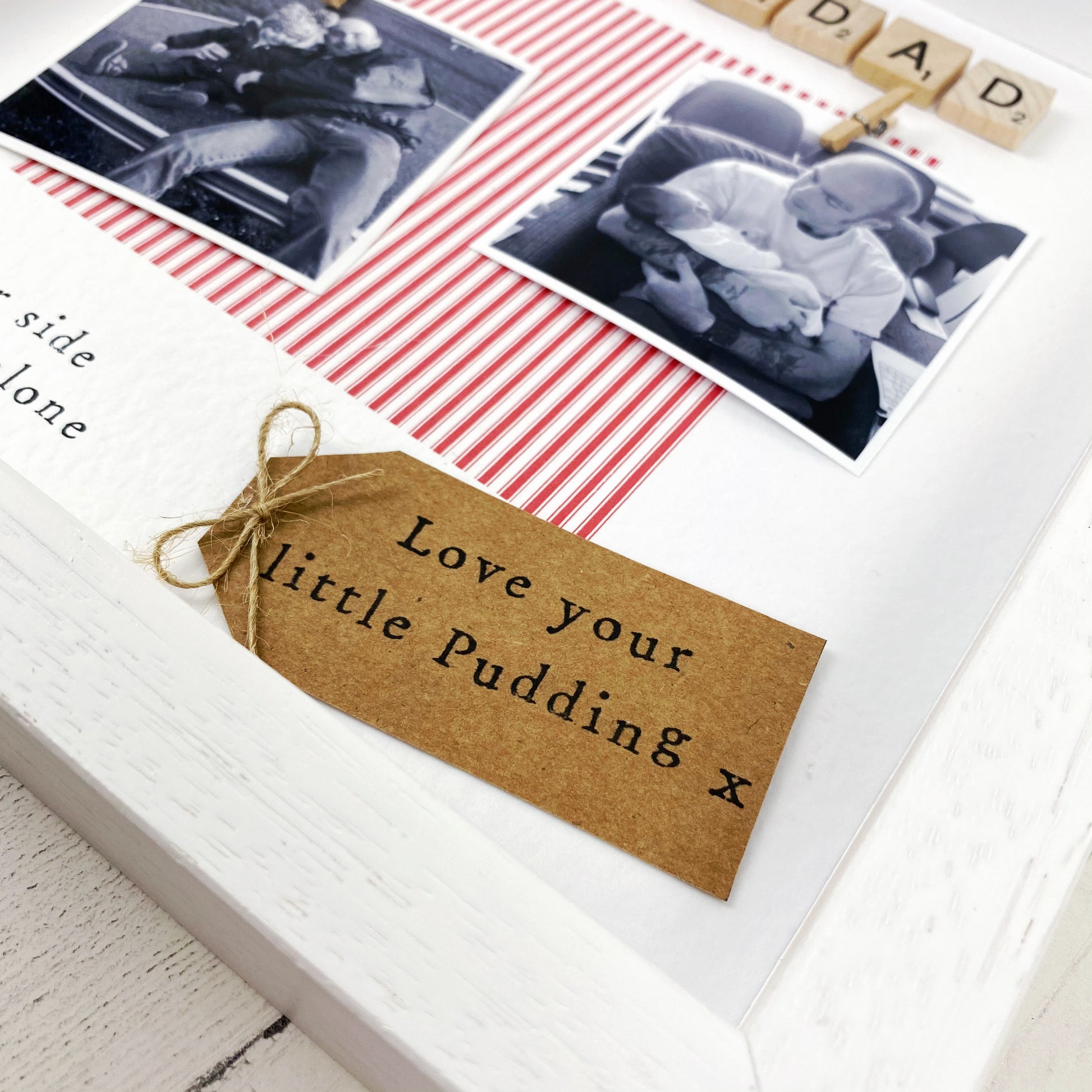 Personalised Liverpool Grandad photo frame gift for Father’s Day, featuring red striped design, message “You’ll never walk alone, Grandad,” scrabble-style GRANDAD tiles, and space for two uploaded photos. Handmade keepsake for Liverpool football fan grandads. Upload your pictures at checkout.