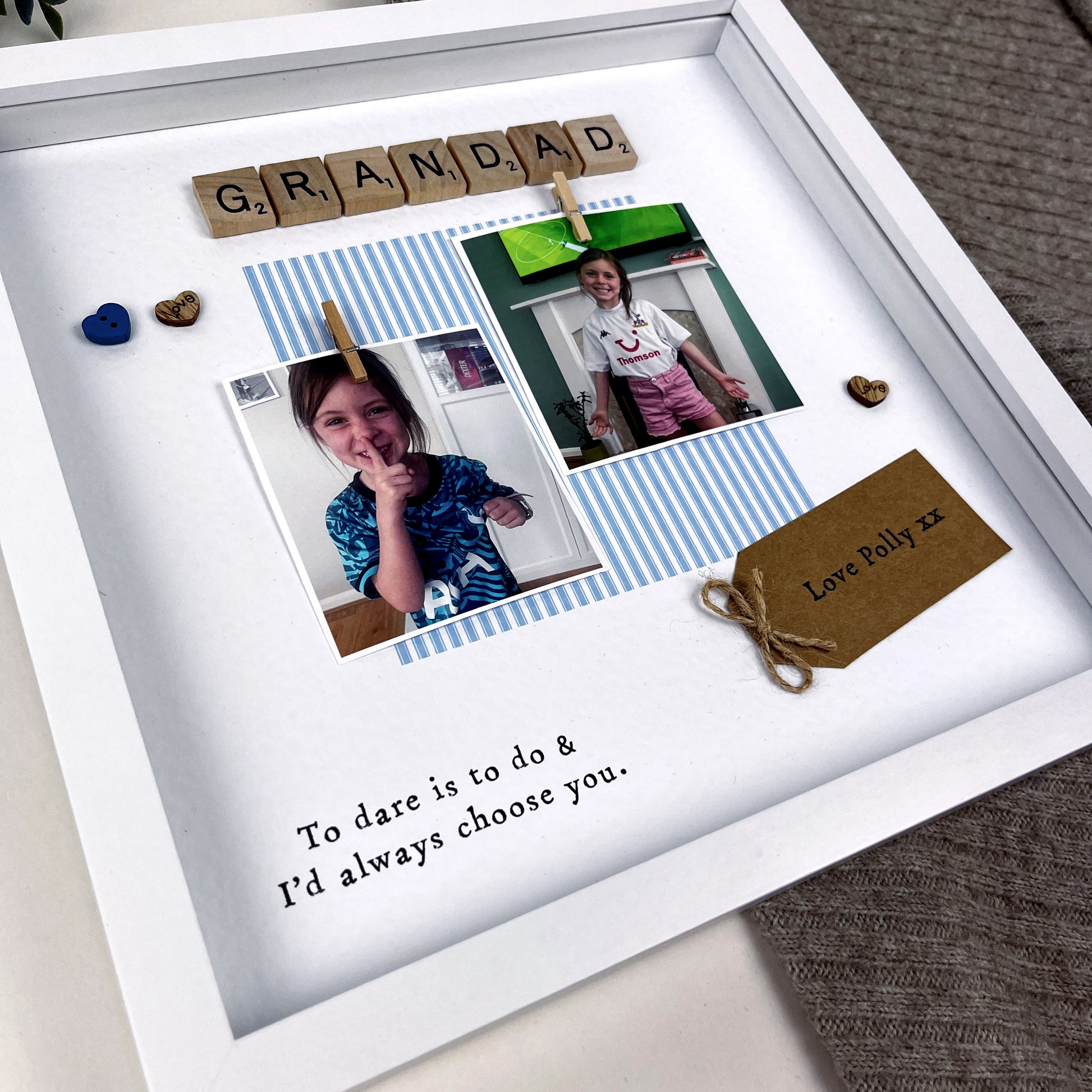Personalised Tottenham Hotspur Grandad photo frame gift for Father’s Day or birthday, with navy and white design, two photo spaces, wooden scrabble tiles spelling “GRANDAD,” and message “To dare is to do & I’d always choose you.” Handmade keepsake for Spurs-loving Grandads from a football-mad grandchild.