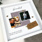 Personalised Aston Villa Grandad photo frame for Father’s Day, featuring claret and blue colours, two photo spaces, scrabble-style GRANDAD tiles, and message “Villa through and through, together in claret & blue.” Upload photos when ordering. Ideal football gift for Villa-supporting grandads.