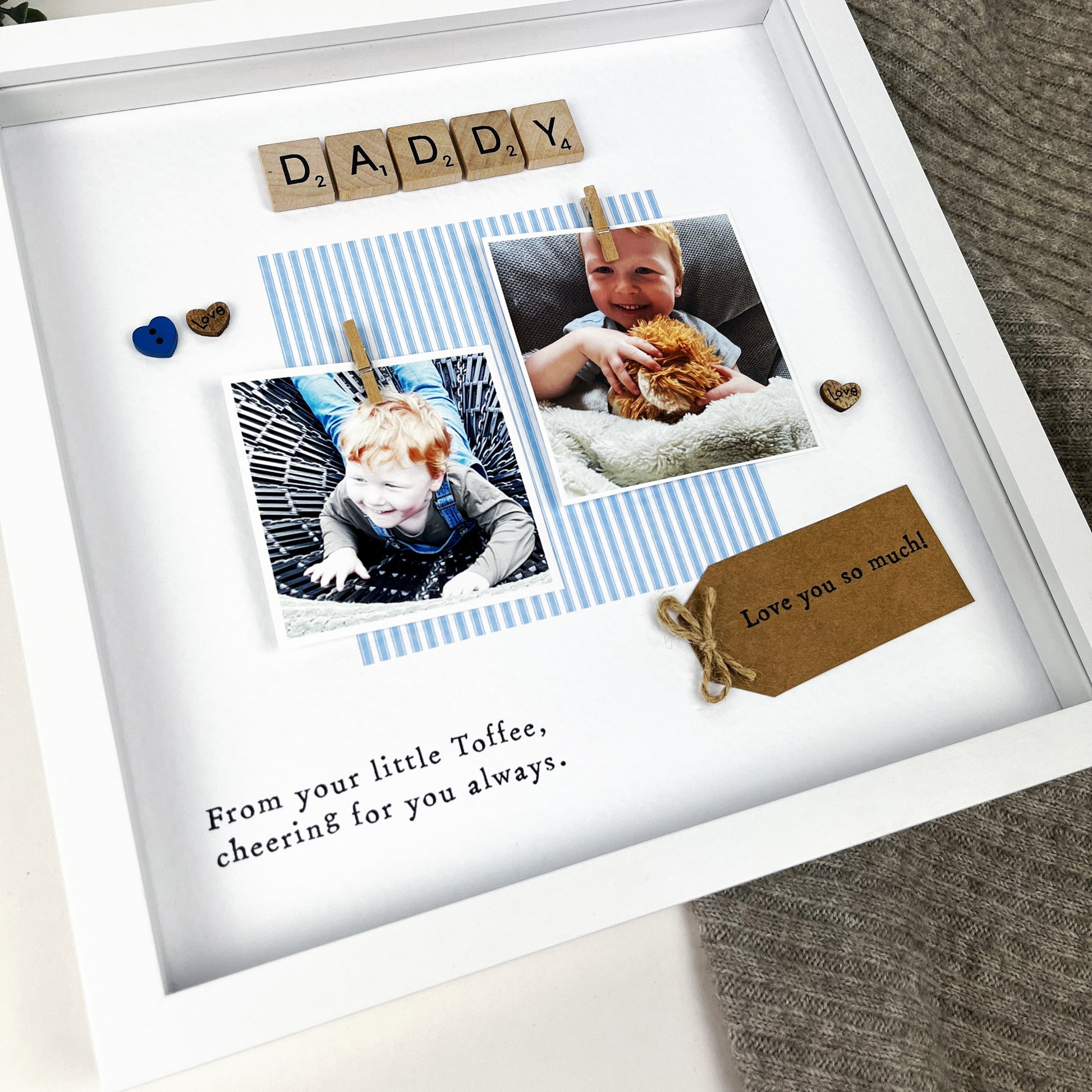 Everton Daddy photo frame gift for Father’s Day, personalised with blue and white colours, two photo slots, message “From your little Toffee, cheering for you always,” and kraft tag. Handmade keepsake for Everton football fan dads. Upload your own photos when ordering.