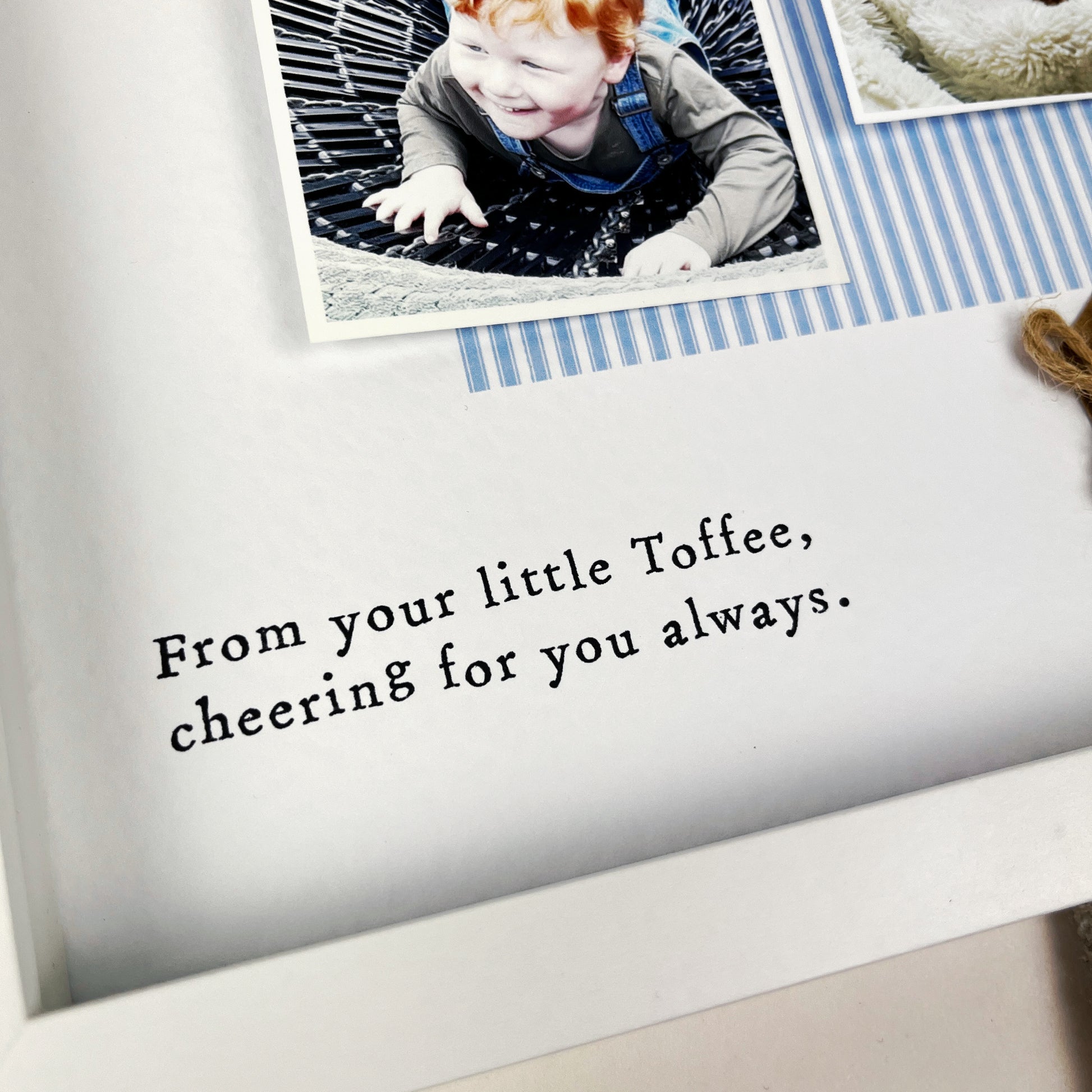 Everton Daddy photo frame gift for Father’s Day, personalised with blue and white colours, two photo slots, message “From your little Toffee, cheering for you always,” and kraft tag. Handmade keepsake for Everton football fan dads. Upload your own photos when ordering.