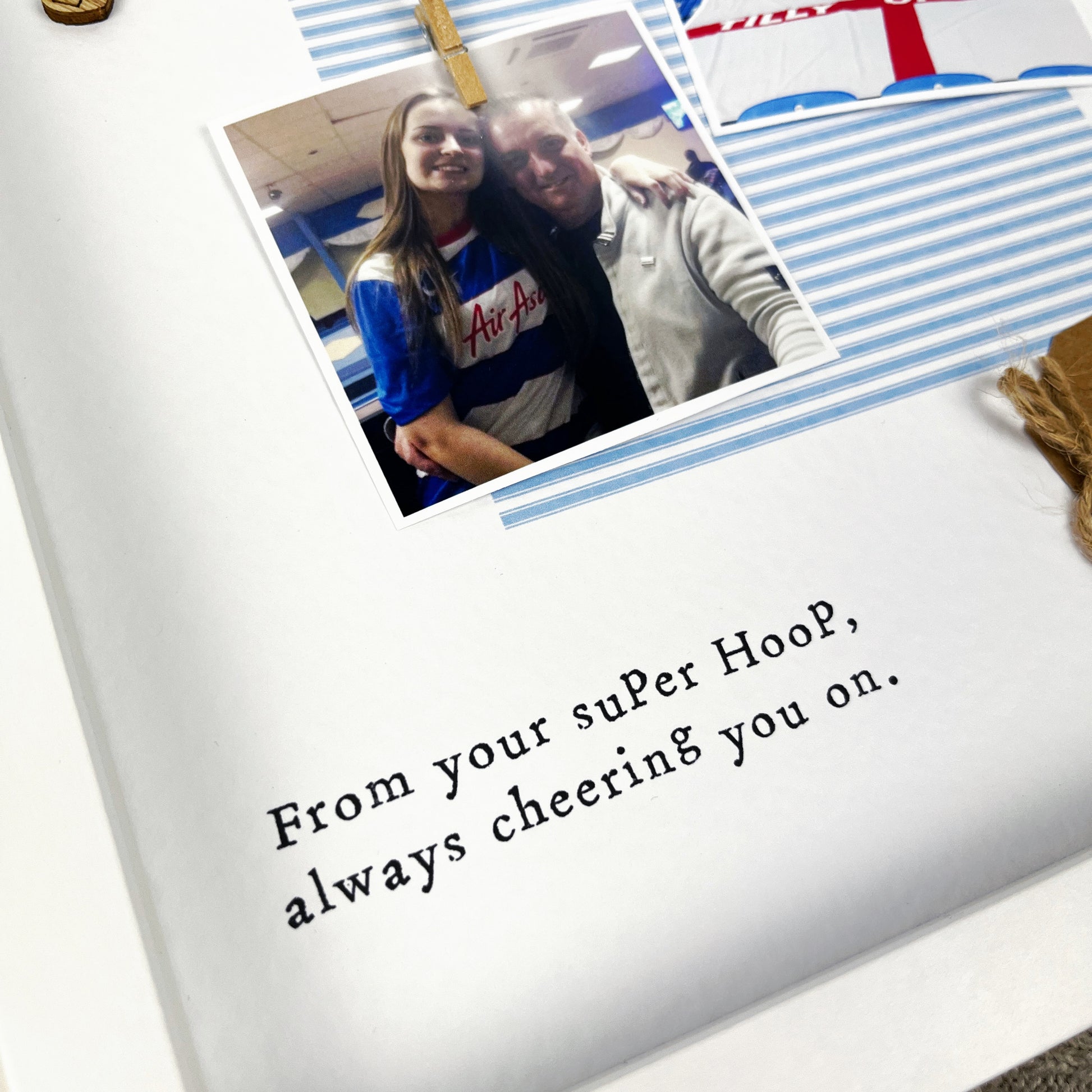 QPR Dad photo frame gift for Father’s Day, with blue and white colours, two photo slots, message “From your suPer HooP, always cheering you on,” and kraft tag. Handmade personalised keepsake for QPR fan dads. Add your own photos when ordering.