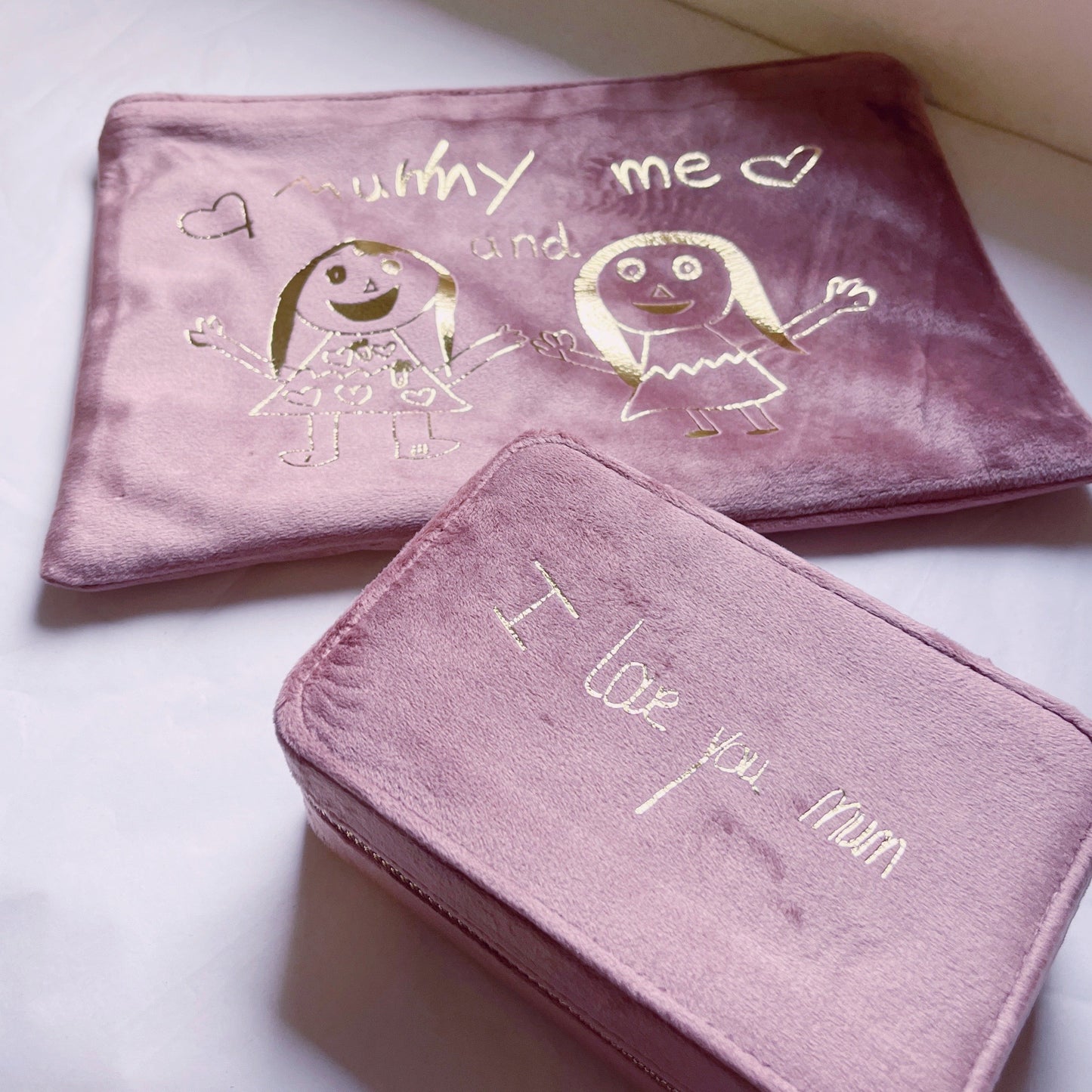 velvet jewellery box and velvet make up bag set for mummy