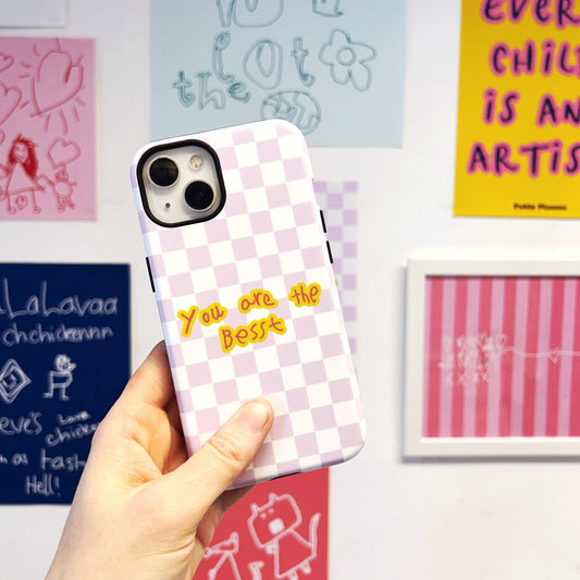 colourful lilac checked phone case with childrens handwriting