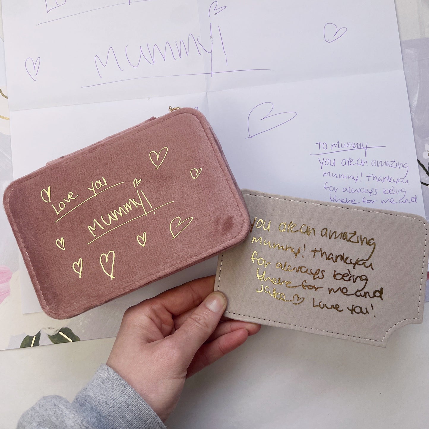 rose velvet jewellery box with childrens handwriting and secret message in gold