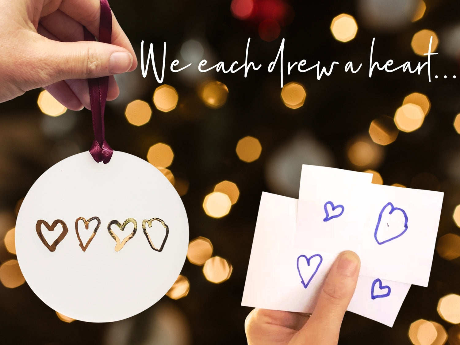 Family tree with custom baubles showing children’s love notes and family heart drawings