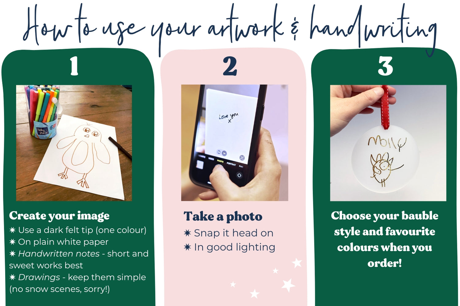 Simple steps to create your own memory bauble – handwriting upload guide