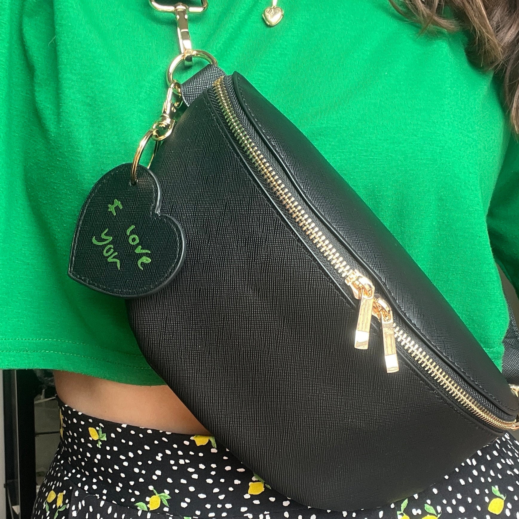 cross body bag with personalised handwriting bag charm
