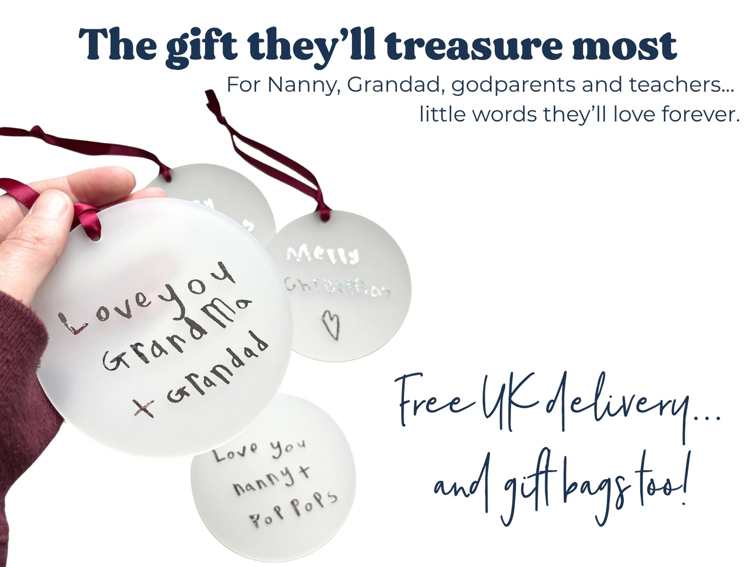 Personalised Christmas baubles with children’s handwriting reading “Love you Grandma & Grandad” and “Love you Nanny & Pop Pops”, a gift for grandparents with free UK delivery