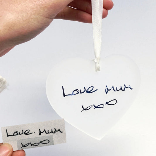 in memory love heart bauble with handwriting