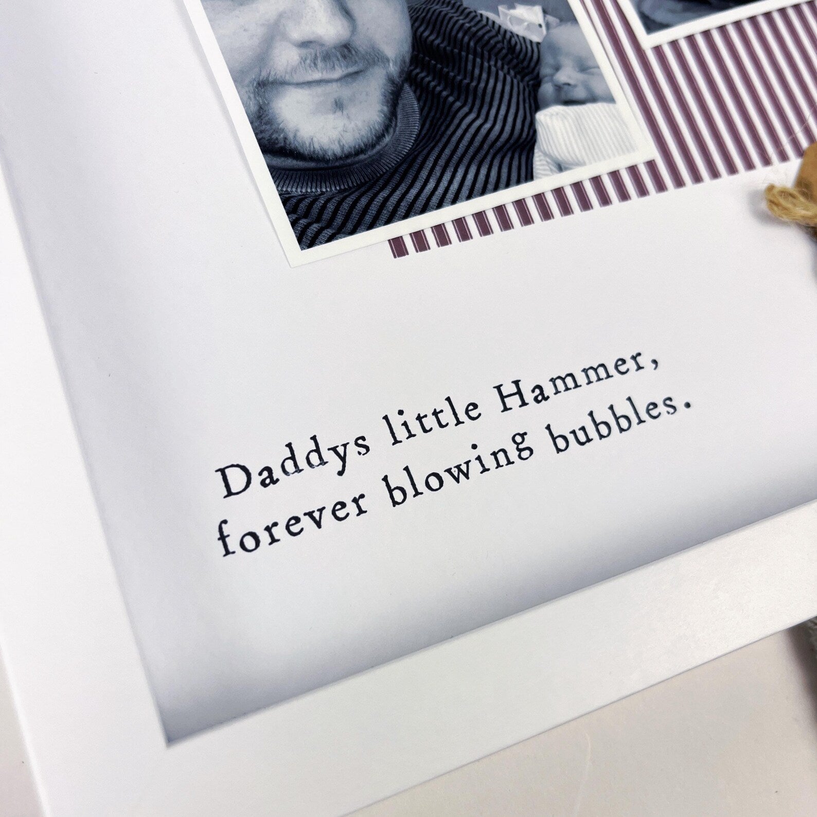 Personalised West Ham Daddy photo frame gift for Father’s Day, with claret and blue colours, two photo slots, scrabble-style DADDY tiles, and message “Daddys little Hammer, forever blowing bubbles.” Handmade keepsake for football fan dads. Upload your own photos to personalise.
