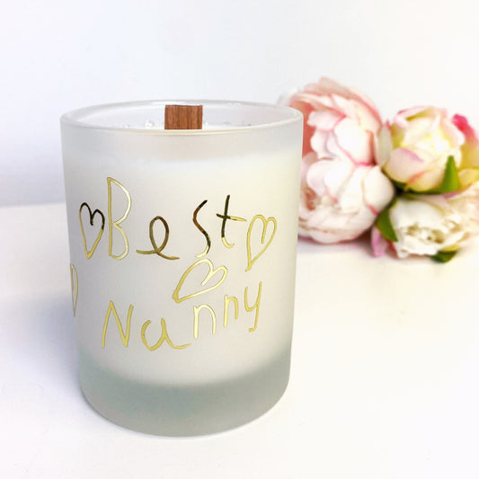 childs handwriting personalised candle