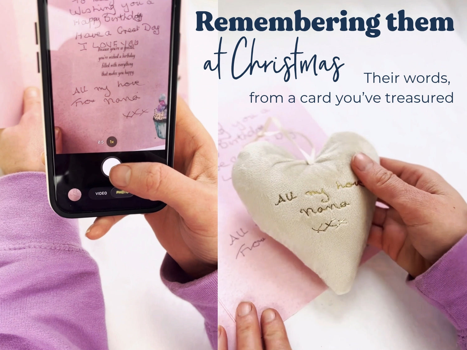 In memory velvet heart keepsake with a loved one’s handwriting, made from a photo of an old birthday card