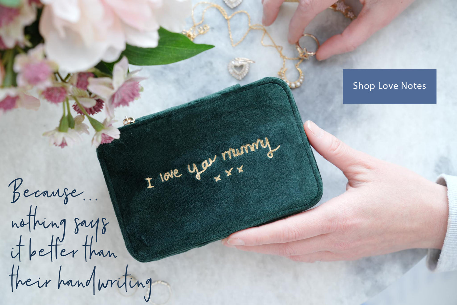 personalised velvet jewellery box with handwritten message in gold